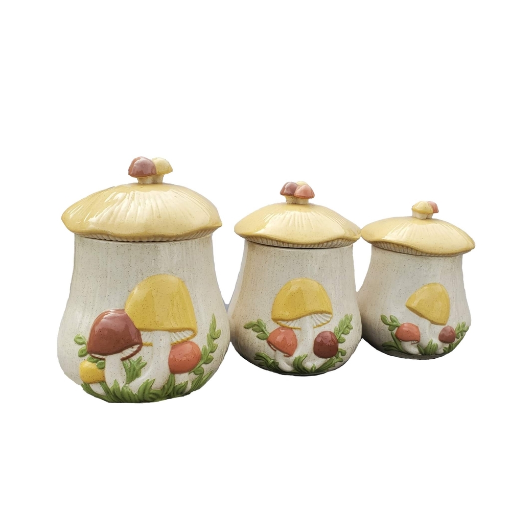 Vintage 70s Mushroom Hand Painted Ceramic Jar Set - Picture 1 of 7